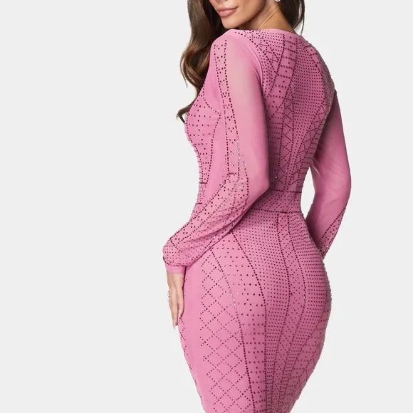 Bebe Pink Long Sleeve Crystal Mesh Midi Dress - Picture 2 of 5